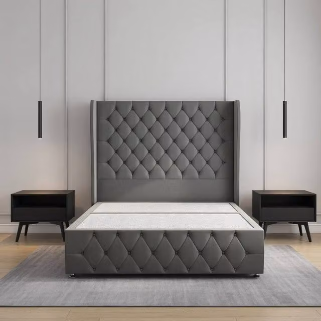 Regional Furnishings Plush Velvet Divan Bed with 54 inch Headboard and Footboard in Grey, W/D/H: 90 x 200 cm