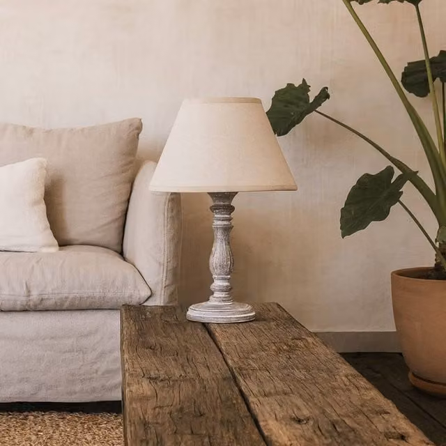 Wyld Haus Bastide White Washed Turned Column Table Lamp with Cream Linen Shade