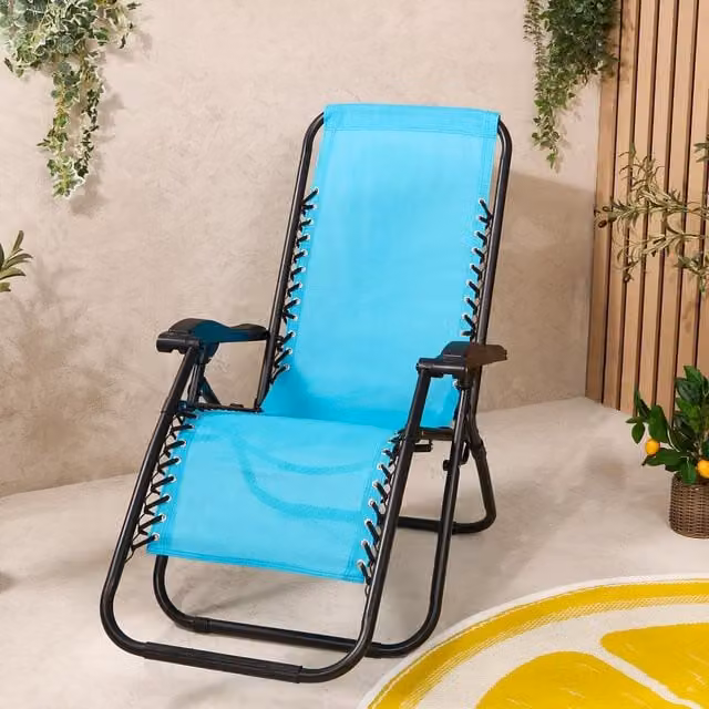 OHS Set of 2 Modern Metal Garden Gravity Folding Sun Loungers with Armrests in Blue Textilene Fabric