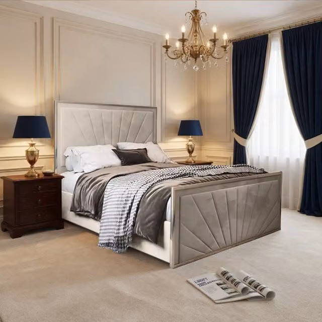 KDMD Thornbury Super King Upholstered Velvet Designer Bed Frame in Beige