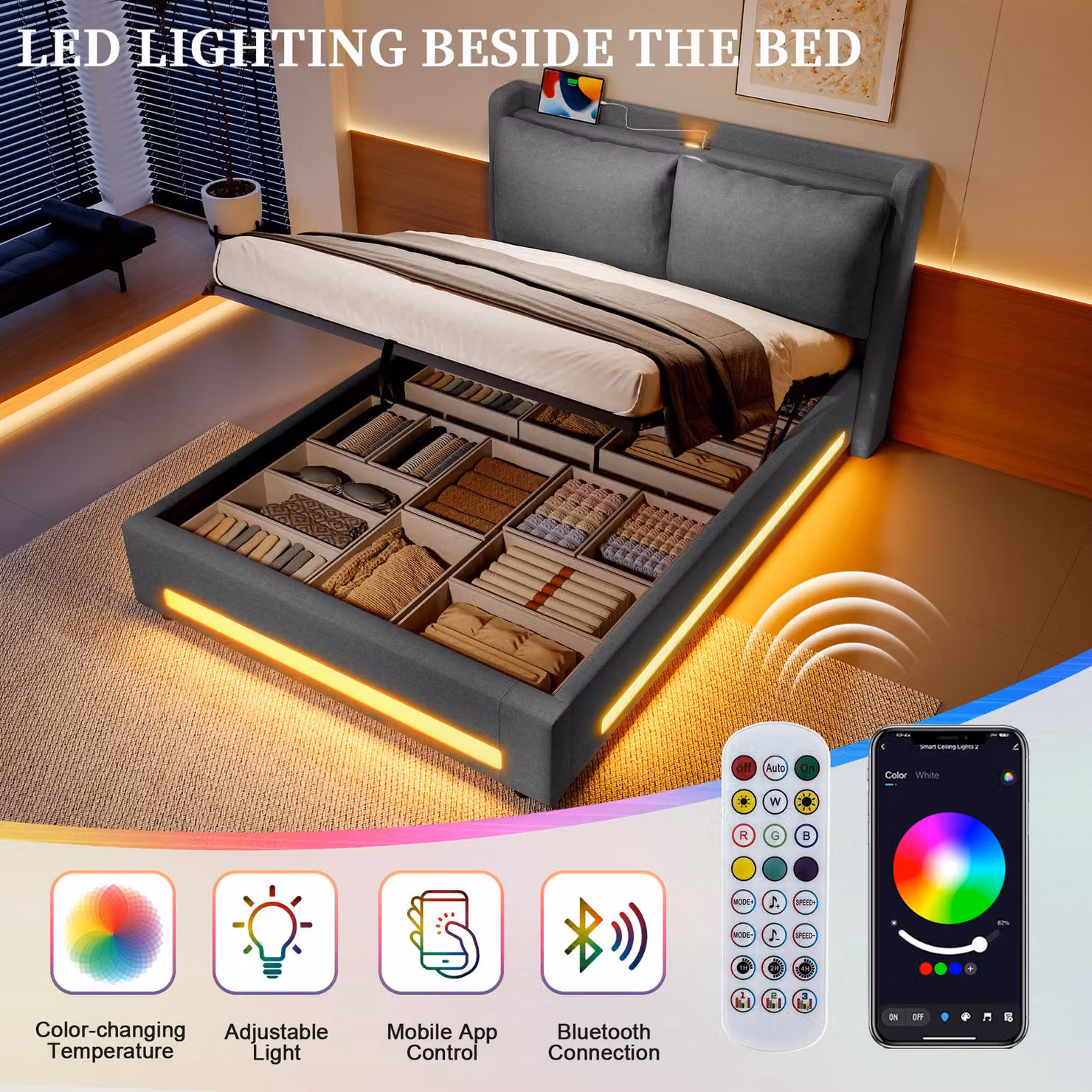 Aosom UK Modern Upholstered Bed Frame with Hydraulic Lift Storage, LED Lighting and Dual USB-C Ports, Dark Grey, W: 152.5 cm, D: 210 cm, H: 114 cm – 5