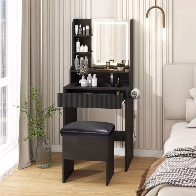 EONLION Black Modern Vanity Dressing Table with Hollywood LED Light Mirror and Cushioned Storage