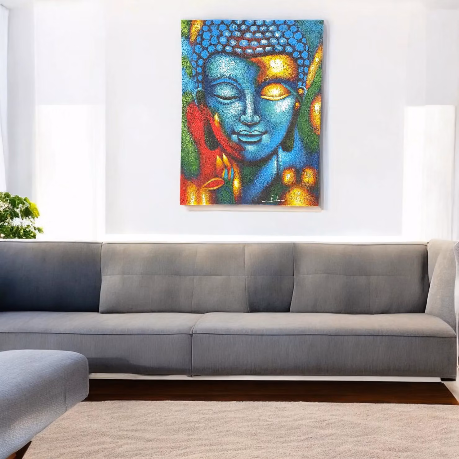 KDMD Buddha Floral Canvas Painting in Blue and Gold, W: 75 cm, H: 55 cm – 2