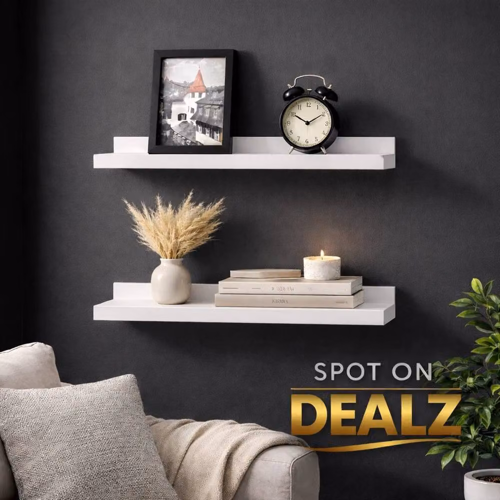 PAWNORA Set of 2 White Wall Mounted MDF Shelves, Width: 48 cm – 2