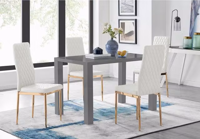 FurnitureboxUK Pivero White Rectangular Dining Table with 4 Grey Milan Chairs and Gold Legs
