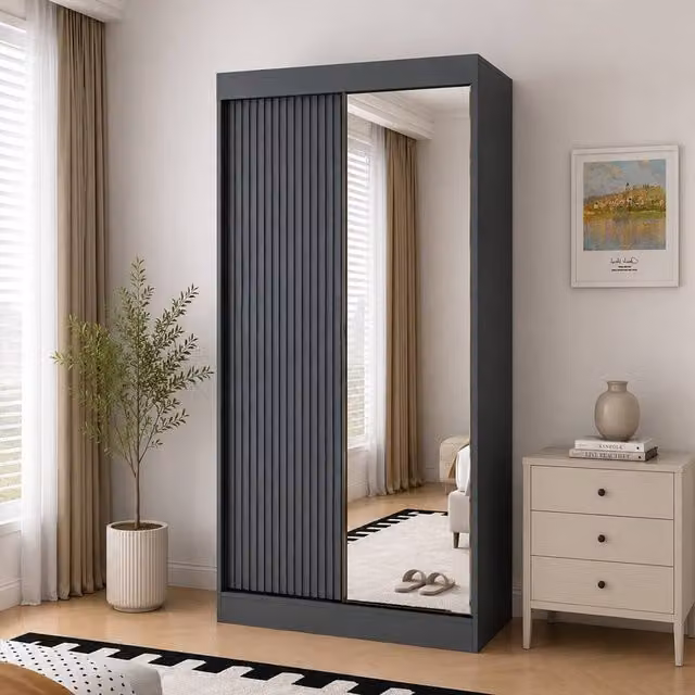KDMD Kensington Dark Grey Sliding Door Wardrobe with Mirror Panel, W: 100 cm, H: 220 cm, D: 62 cm – 1