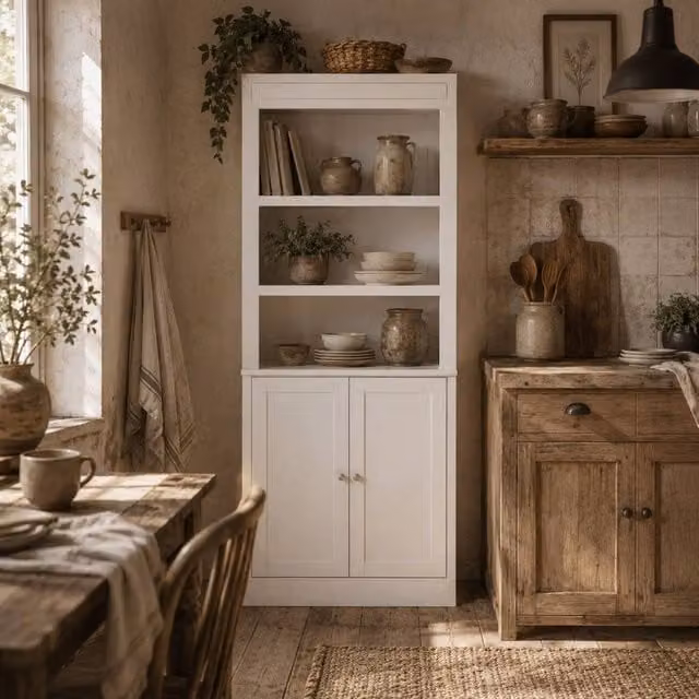 Wyld Haus Kala White Freestanding Tall Kitchen Cupboard with Hinged Doors and Open Shelves, H: 182.5 cm x W: 74.6 cm