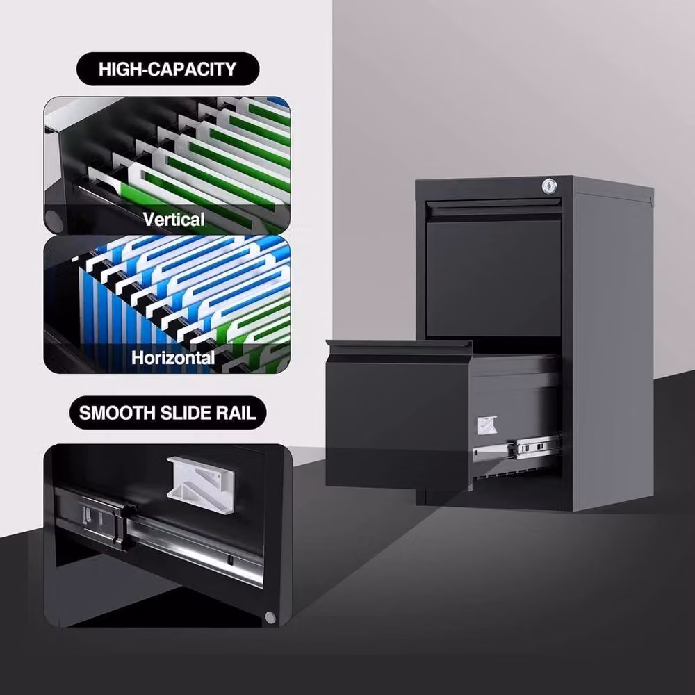 VOGREX Lockable 2-Drawer Vertical Metal Filing Cabinet in Matt Black – 4