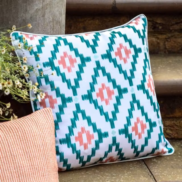 Terrys Aroha Geo Printed Outdoor Filled Cushion, Pink, Green and White, W/D/H: 45 x 45 x 45 cm