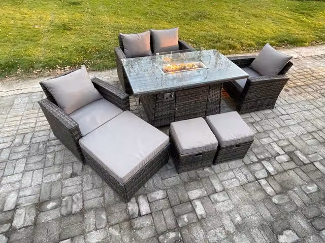 Fimous 7 Seater Outdoor Rattan Sofa Set with Gas Firepit Dining Table and 3 Footstools in Dark Grey