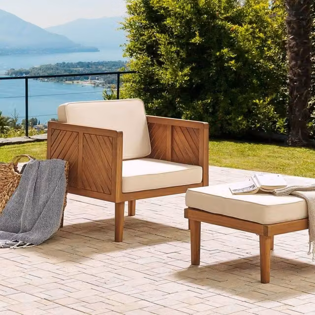 Wyld and Coco Acacia Wood Ottoman with Light Beige Cushion in Brown