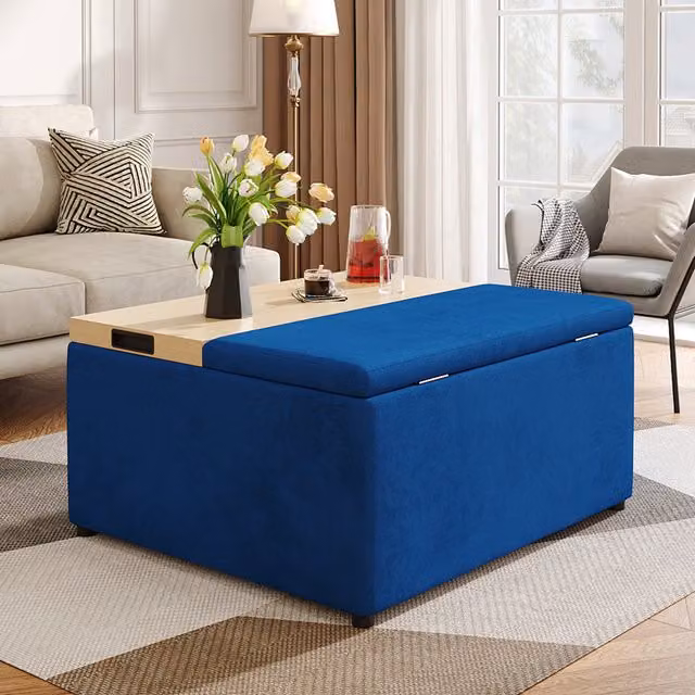 Komore Rectangular Blue Velvet Upholstered Storage Ottoman