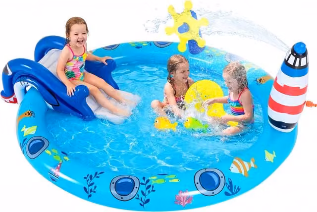 COSTWAY Kids Marine Life Inflatable Oval Spray Pool with Slide in Blue