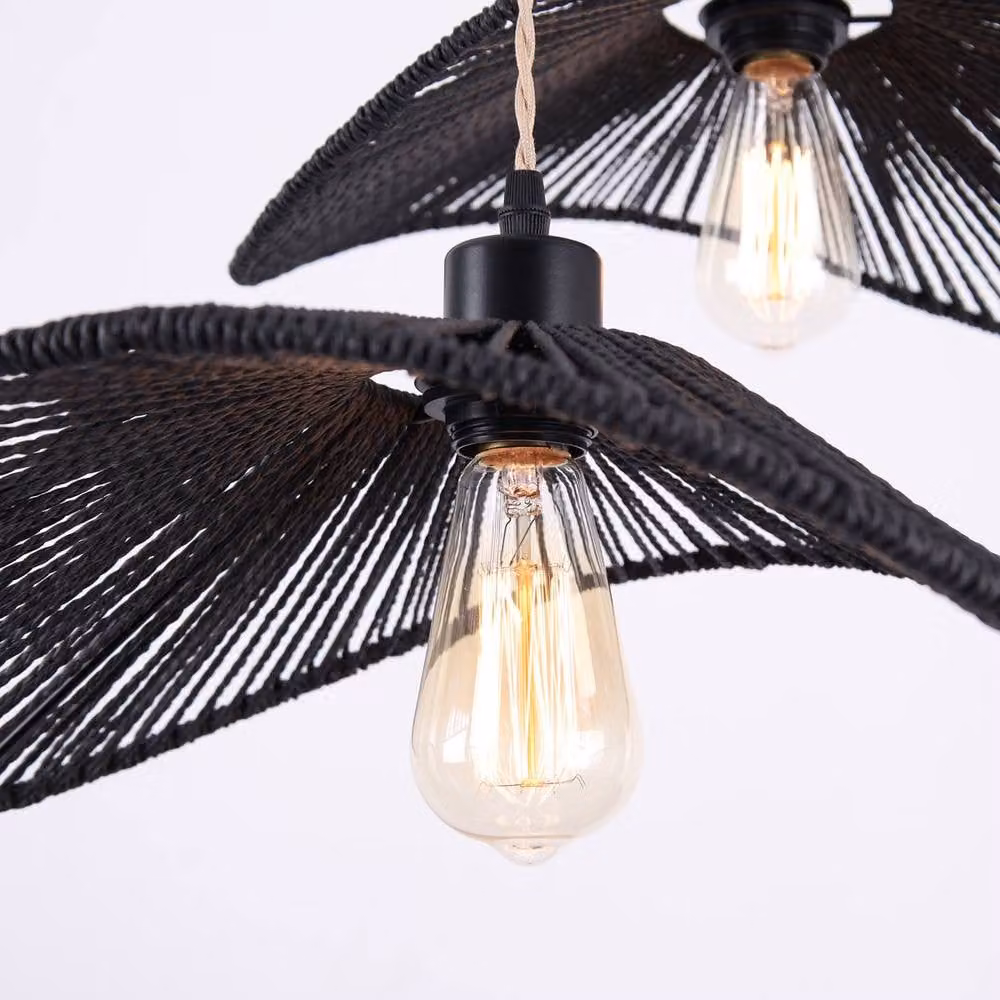 Garwarm Industrial 3-Light Rattan Farmhouse Cluster Pendant Light in Black – 3