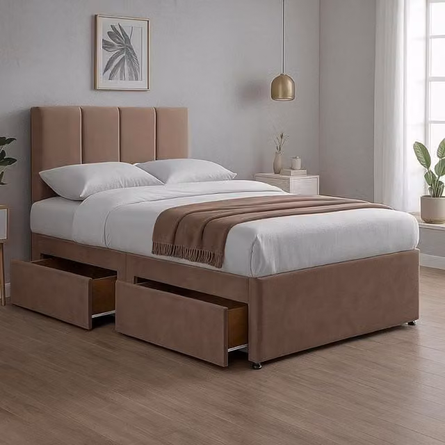 Bed Time UK Plush Divan Bed with Hybrid Mattress, 20 inch Vertical Line Headboard and 2 Drawers, Light Sand, W/D/H: 90 x 200 cm