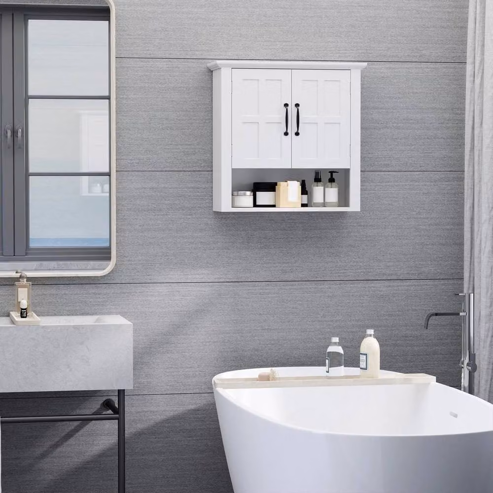 KORVIXA White Wall-Mounted Medicine Cabinet with Internal Shelves, W: 70 cm, H: 75 cm – 2