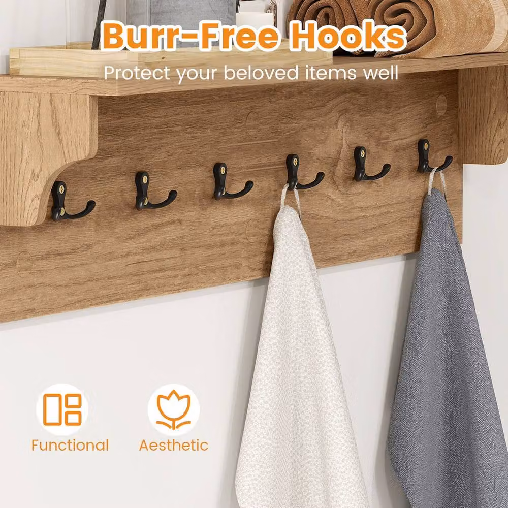 VOGREX Wooden Wall Coat Rack with 6 Hooks in Brown and Sand, Width: 80 cm – 3