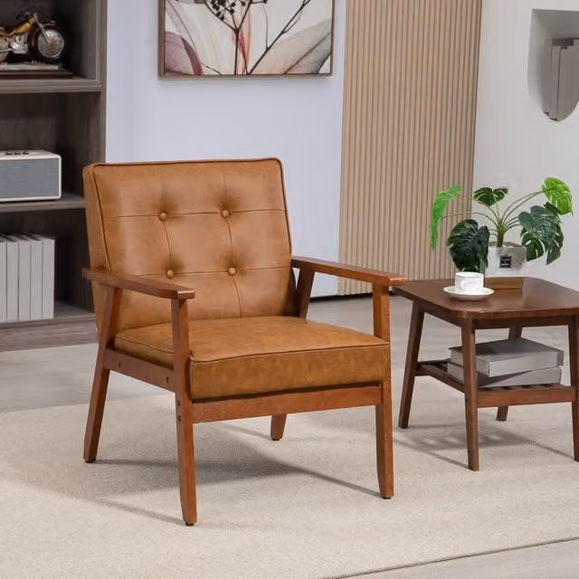 HOMCOM Retro Single Beech Wood Frame Armchair with Synthetic Leather in Brown