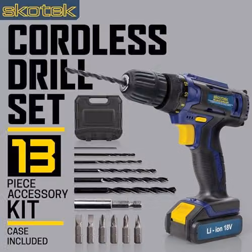 Skotek 18V Cordless Drill Set with Rechargeable Battery, Charger and 13-Piece Kit in Blue – 2