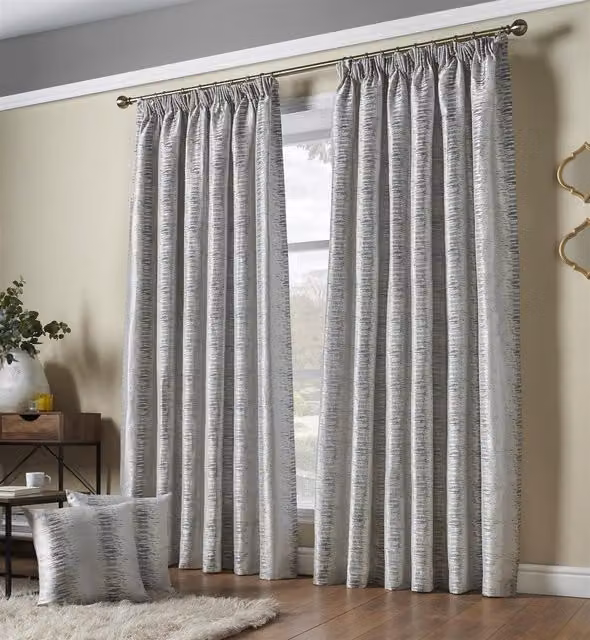Luxury Living Reflect Jacquard Fully Lined Ready Made Pencil Pleat Curtains in Silver, Width: 229 cm, Drop: 183 cm