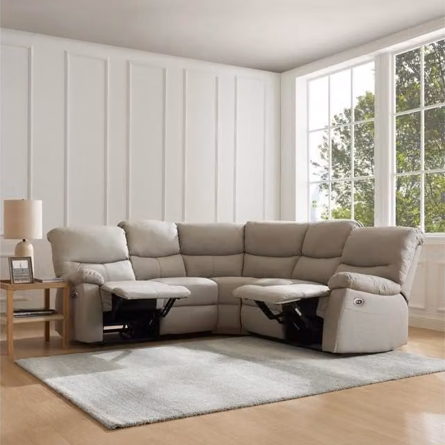 GRS Jasper 5 Seater L-Shape Corner Electric Recliner Sofa in Light Grey Faux Leather