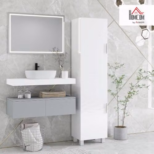 HOMCOM Tall Freestanding Bathroom Storage Cabinet with 2 Hinged Doors in White High Gloss – 2