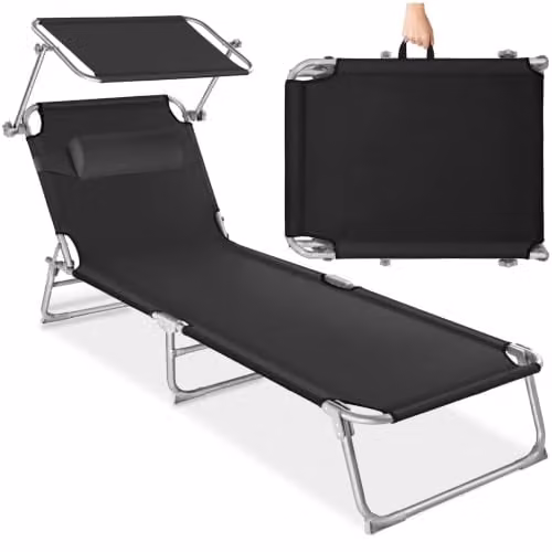 tectake Folding Sun Lounger in Black with Sun Canopy and Adjustable Headrest, W/D/H: 190 x 68 x 111 cm – 1