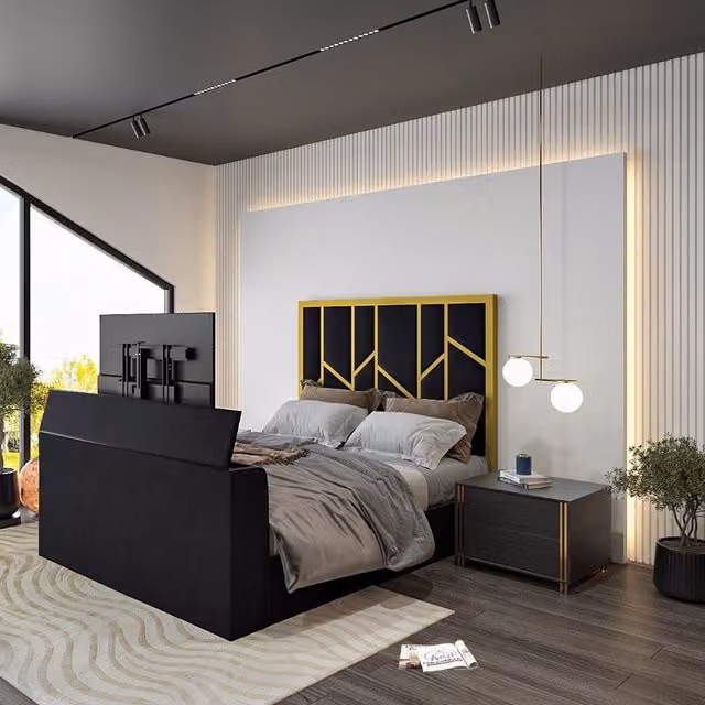 Casani Anji Luxe Metal TV Bed Frame in Anthracite Fabric, King Size (180 x 200 cm)