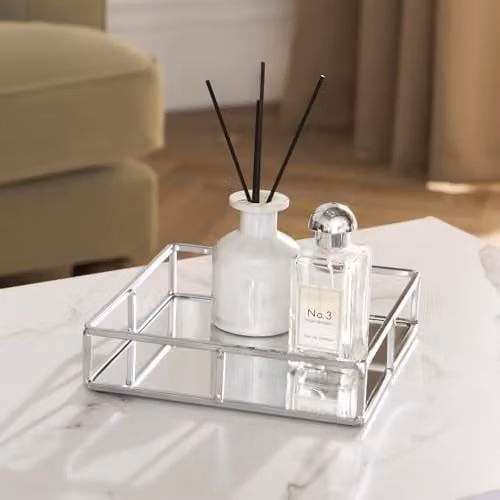 OHS Square Silver Mirrored Glass and Metal Decorative Tray – 1