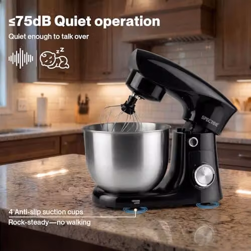 Spector 1500W Tilt-Head Electric Stand Mixer in Black with 5L and 4.5L Stainless Steel Bowls, 10-Speed Settings and Dough Hook, Whisk and Beater – 12