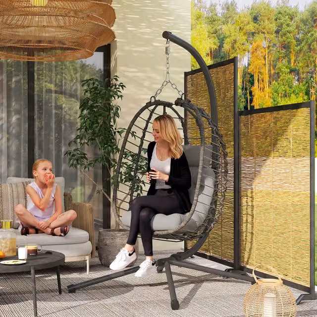 Outsunny Foldable Rattan Hanging Egg Chair with Stand in Light Grey