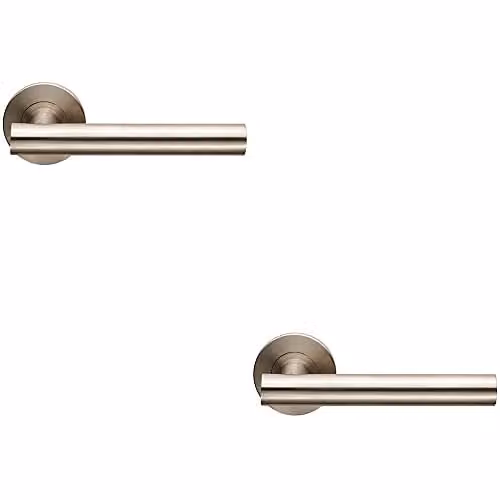 Loops 2 Pack Straight Round T-Bar Lever Door Handles with Slim Round Rose in Brushed Silver Stainless Steel