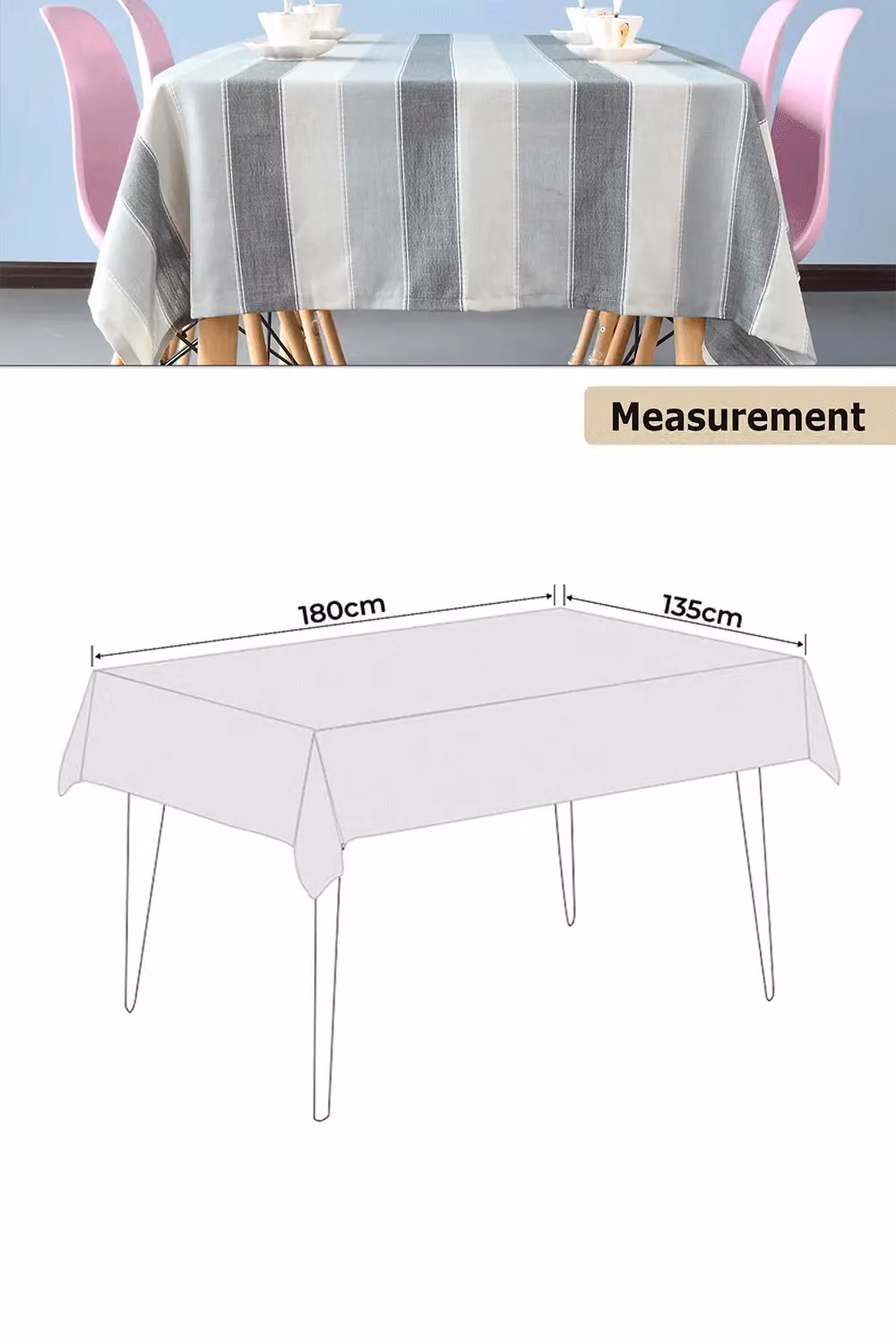 Neel Blue Grey and White Striped Rectangular Tablecloth, W: 135 cm, L: 180 cm – 2