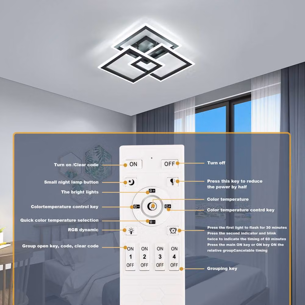Pheashine Black Square Triple LED Ceiling Light, 40W Dimmable, 3000K-6500K, 47 cm – 3