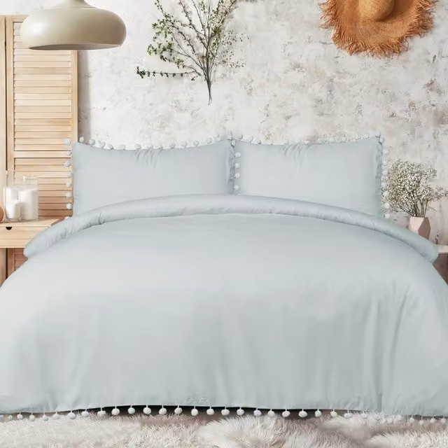 Smart Living Luxury Super Soft Pom Pom Duvet Cover and Pillowcases in Duck Egg Blue, Size: Super King, W x D: 200 x 200 cm