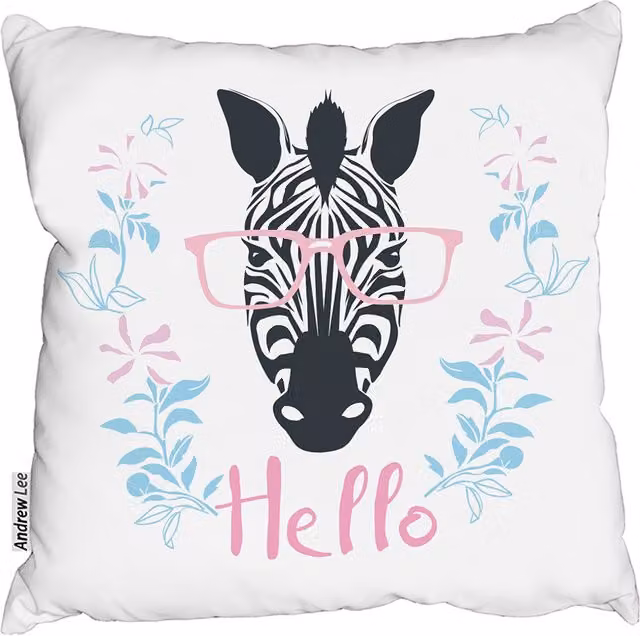 Andrew Lee Hello Zebra Square Cushion in Pink and White, W/D/H: 60 x 60 x 1 cm