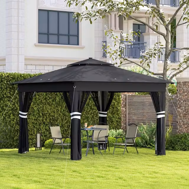 Outsunny Pop Up Gazebo with 20 Solar-Powered LED Lights, Black, W: 336 cm, D: 336 cm, H: 250 cm