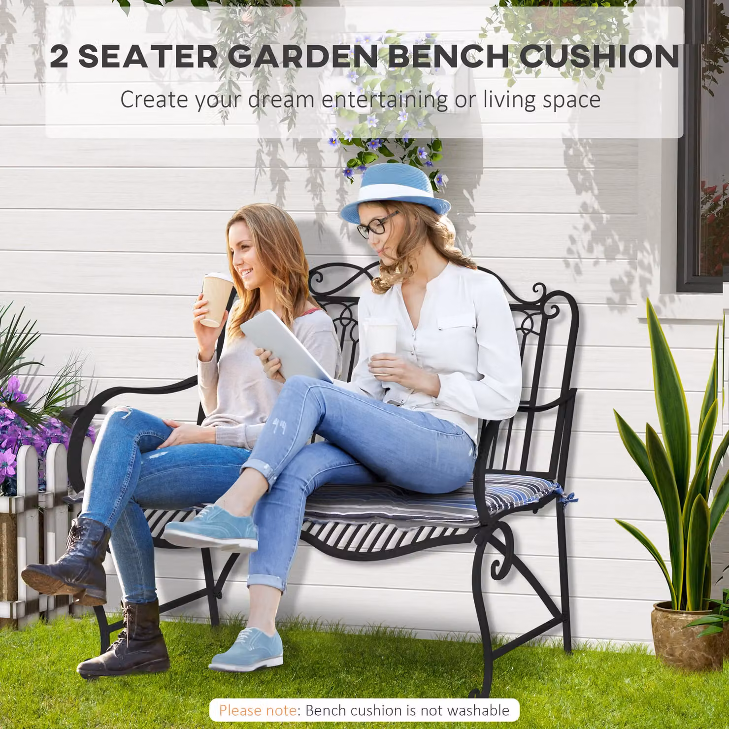 Outsunny Set of 2 Blue Foam Padded Rectangular Garden Bench Replacement Cushions – 4