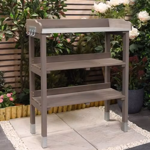 Garden Gear 3-Tier Wooden Potting Table with Grey Galvanised Steel Worktop, Height: 92 cm – 2