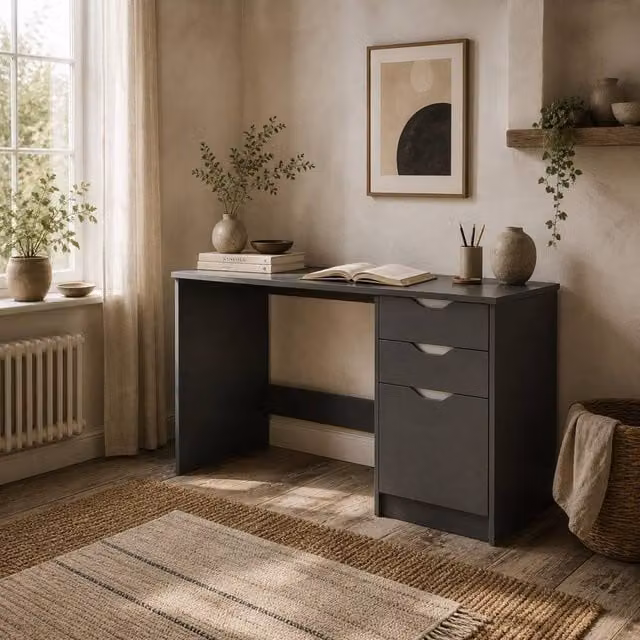 Wyld Haus Sareco Modern Glossy Grey Writing Desk with Storage and Drawers, H 120 cm x W 76 cm x D 60 cm – 1