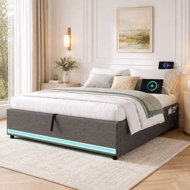 STILVORA King Storage Bed in Grey with LED Under-Bed Lighting and USB Charging Station