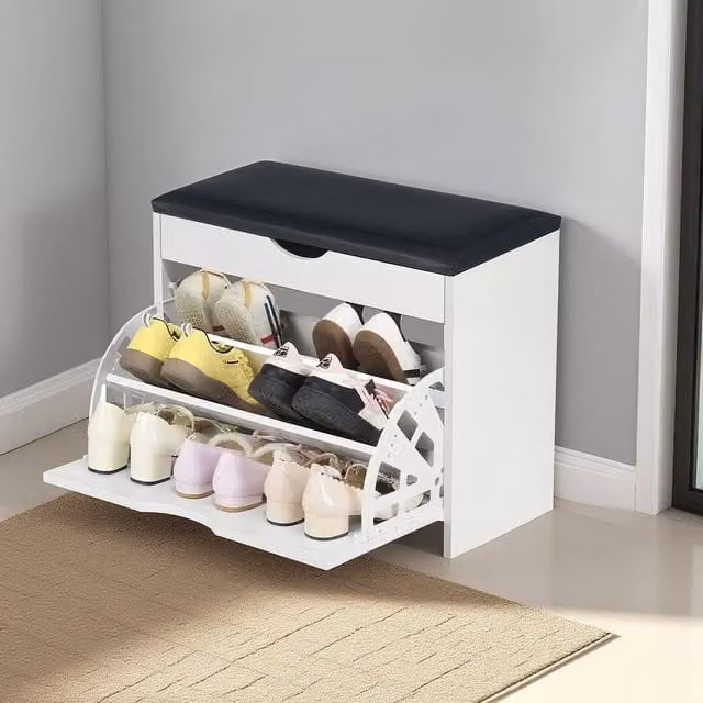 EONLION Modern White Shoe Bench Storage Cabinet with Synthetic Leather Seat – 1