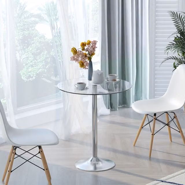 HOMCOM Modern Round Metal and Glass Dining Table in Silver