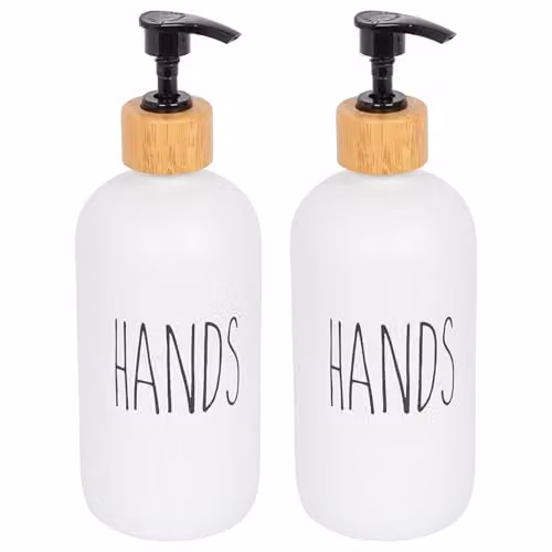 Harbour Housewares Pack of 2 White Glass Hand Soap Dispensers, 500ml Refillable Bottles with Bamboo Pumps – 1