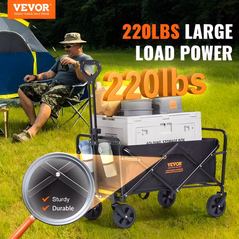 VEVOR Quick-Fold Lightweight Wagon Cart Trolley with All-Terrain Wheels and Adjustable Handle, Black – 3