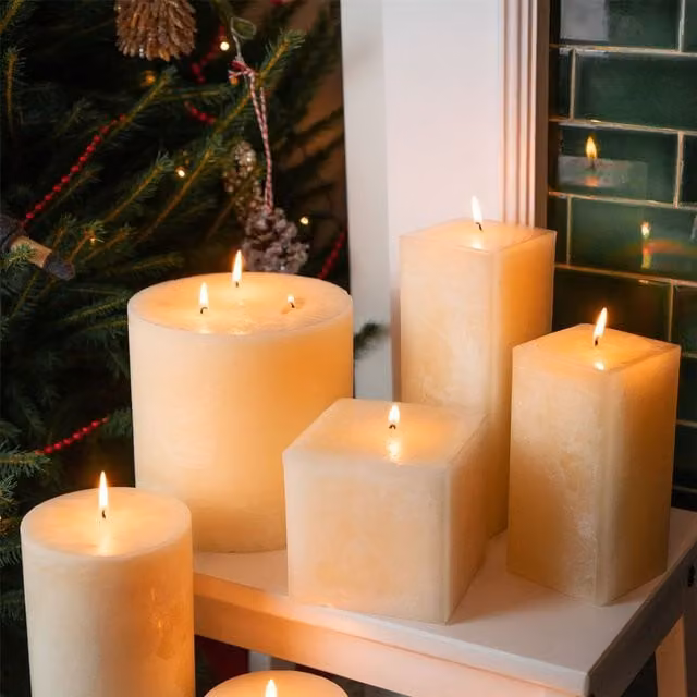 Nicola Spring Pack of 6 Round Vanilla Pillar Candles in Beige and White