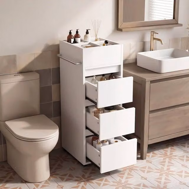EONLION Narrow White Bathroom Cabinet with 3 Drawers, H 90.0 x W 30.0 x D 30.0 cm