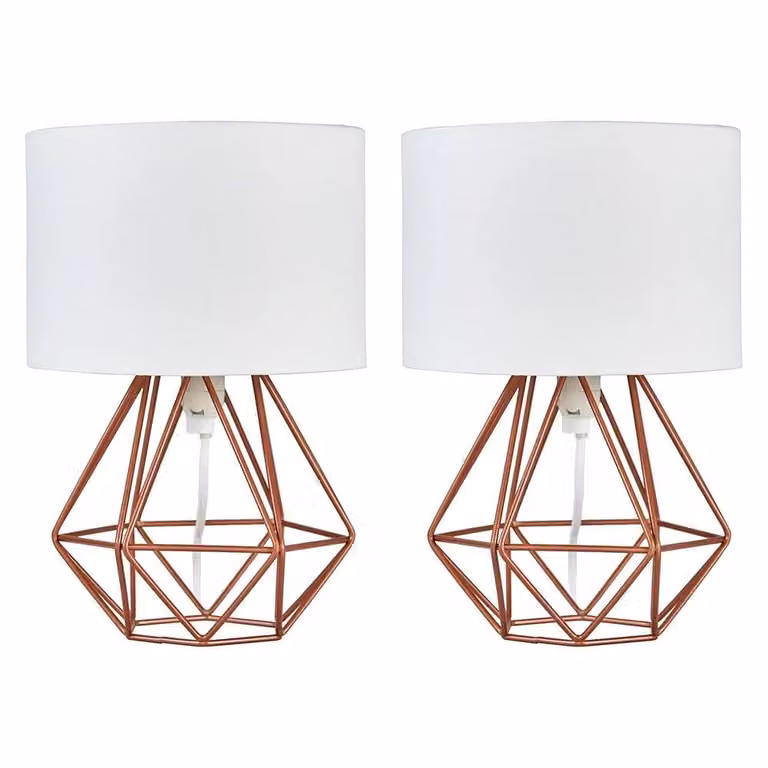 ValueLights Angus Pair of Copper and White Table Lamps with Fabric Shades