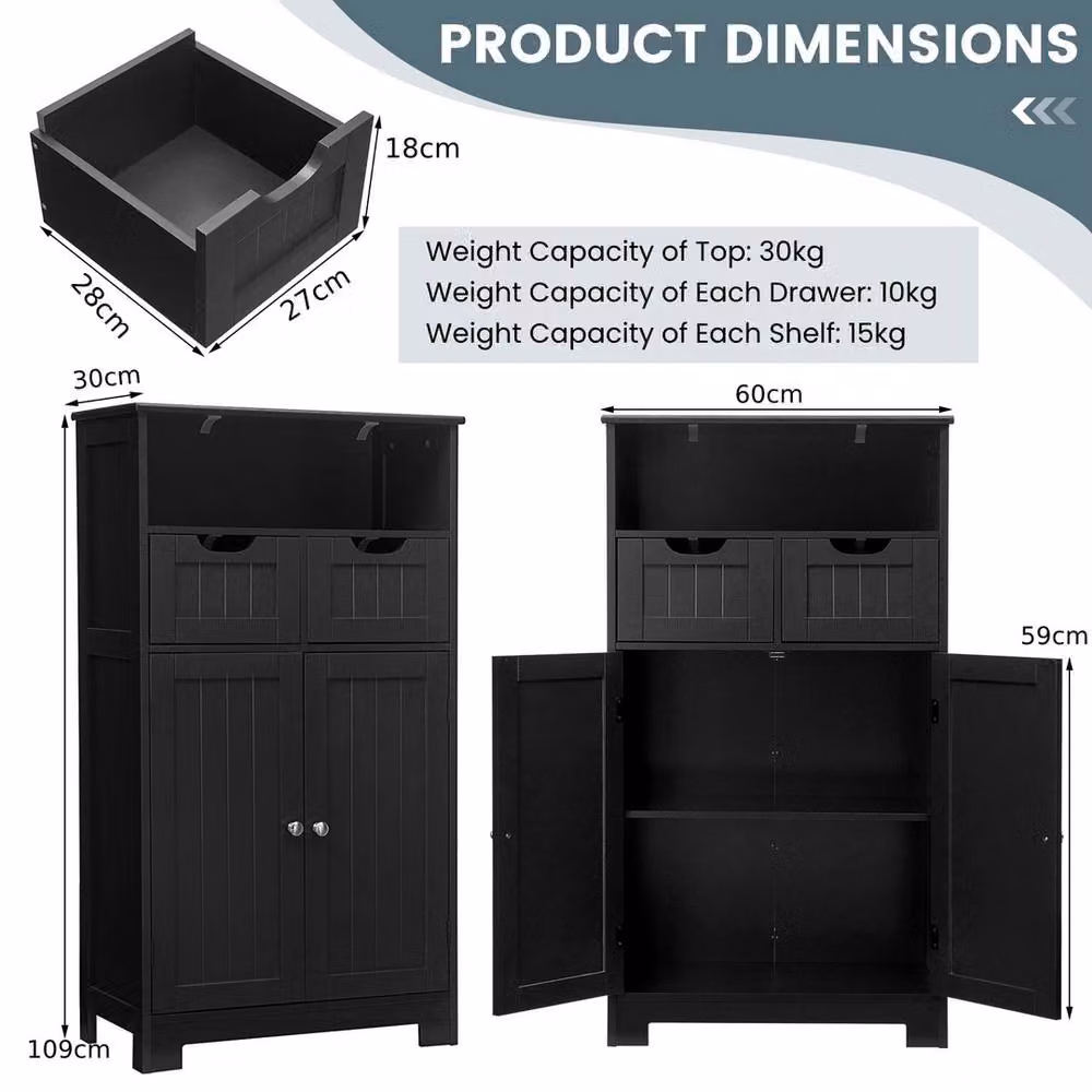 Havendro Black Lacquered Bathroom Storage Cabinet with 2 Doors, 2 Drawers and Open Shelf – 2