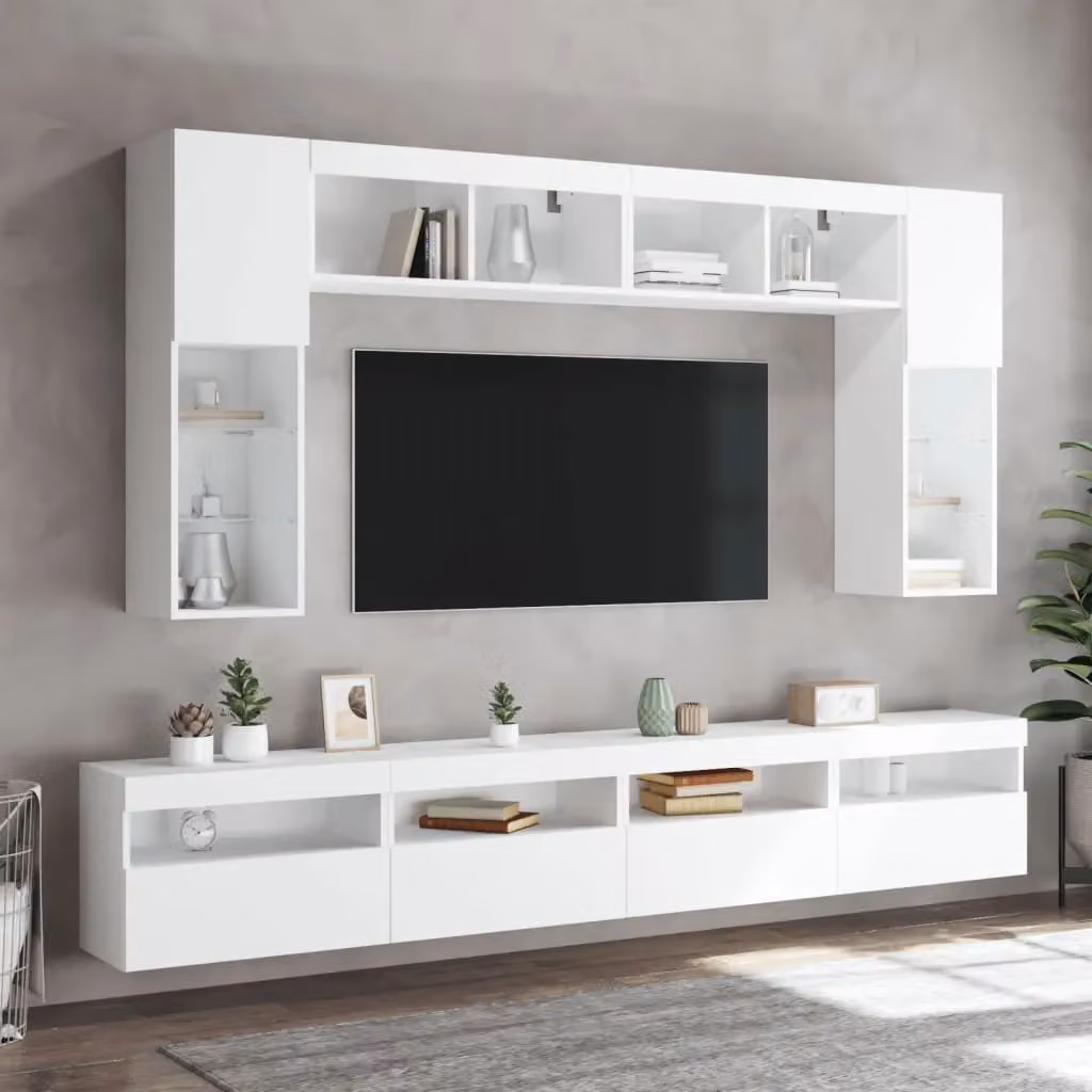 Berkfield Home 8 Piece Modern White Glossy TV Wall Cabinet and Lowboard Set with Integrated LED Lighting – 2